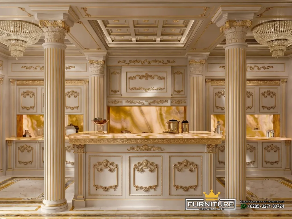 Desain Kitchen Set Klasik Mewah White Gold