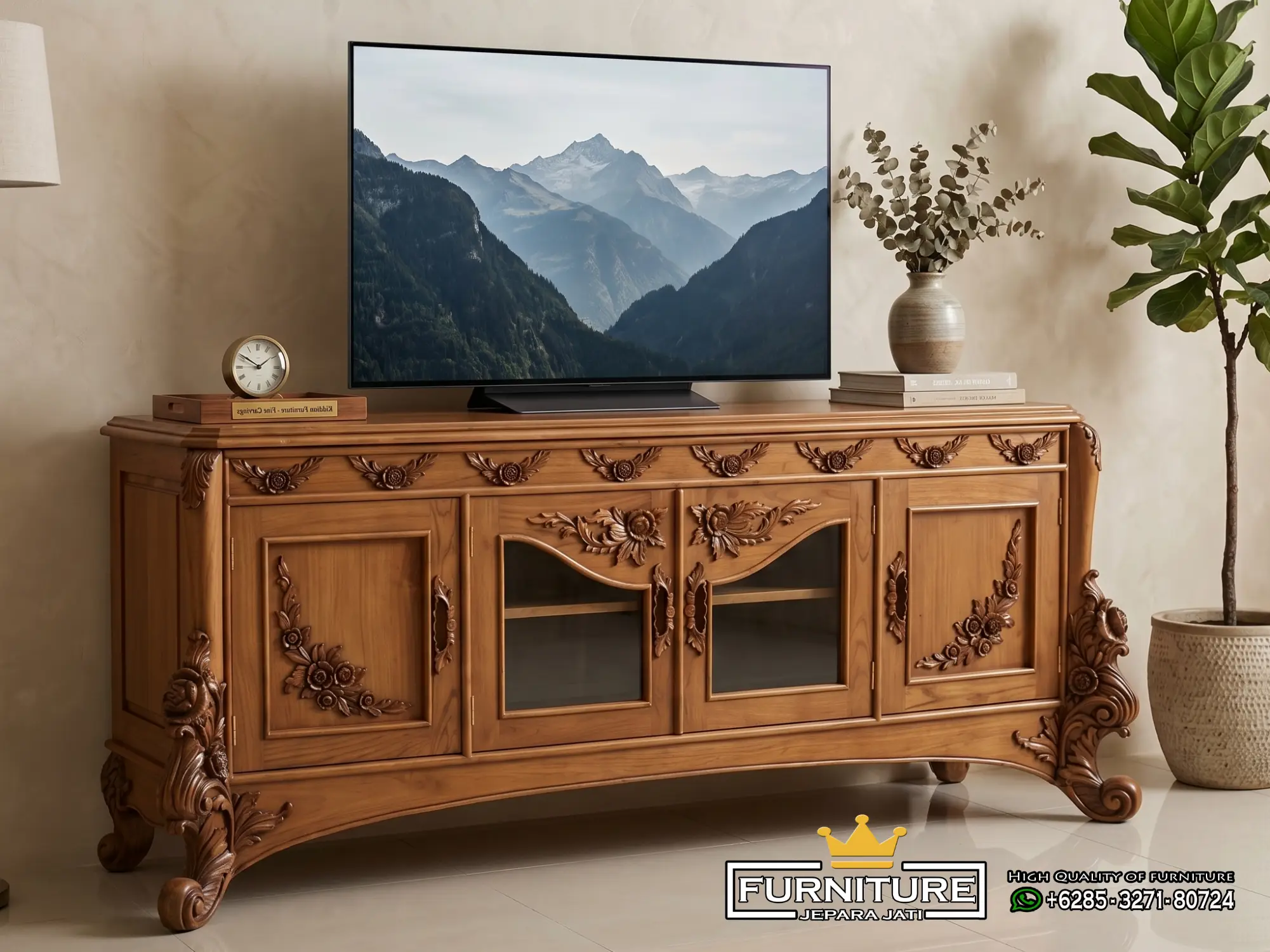 Bufet Meja TV Klasik Cabinet Carving Kayu Jati Jepara